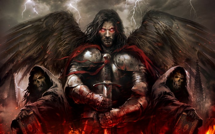 Winged warrior with glowing eyes and grim reapers