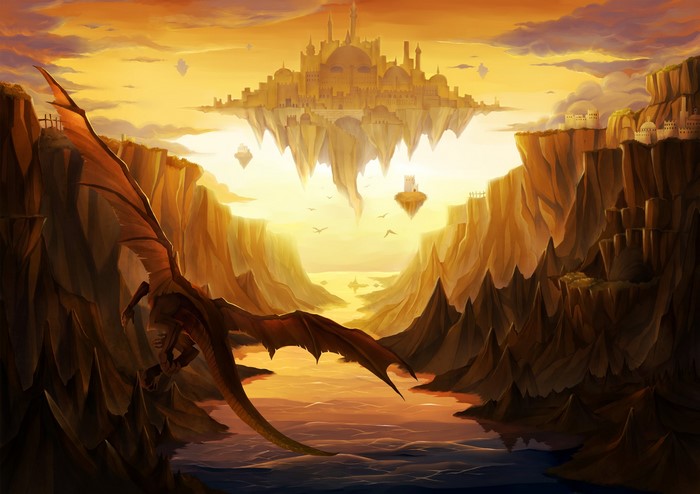 Dragon flying over a canyon towards a floating city