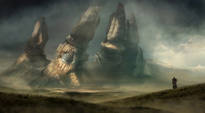 Fantasy landscape with colossal rock formations and a lone figure