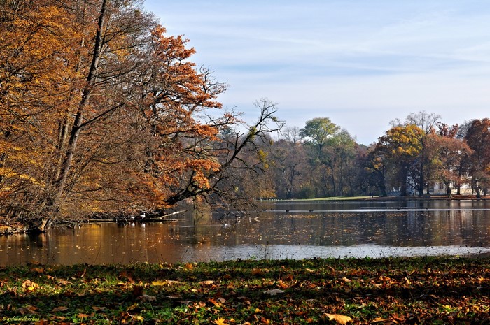 Nymphenburg Park in Munich, Germany with a lake