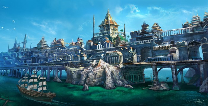 Fantastic world city on the water with a ship