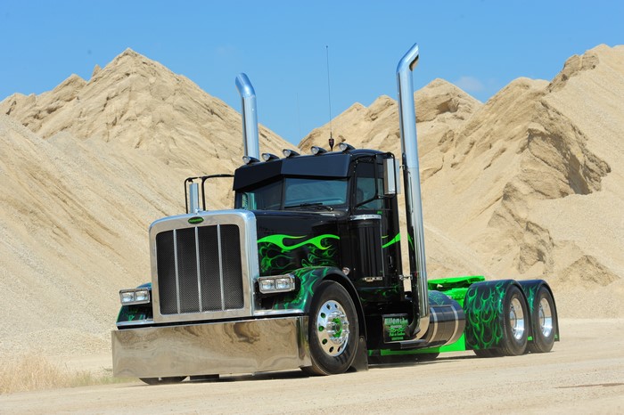 Peterbilt truck with green flames