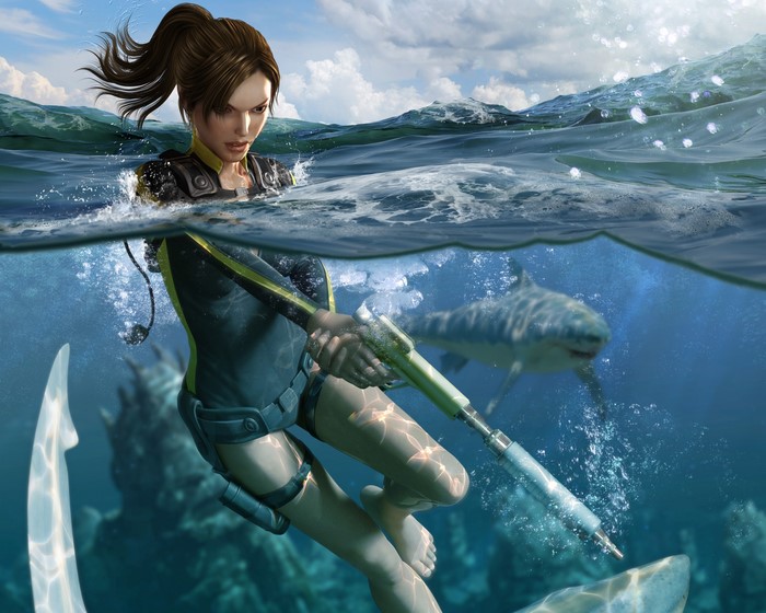 Lara Croft from Tomb Raider Underworld swimming with sharks