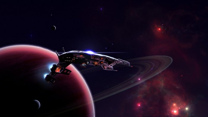 Spaceship near a ringed planet in Mass Effect