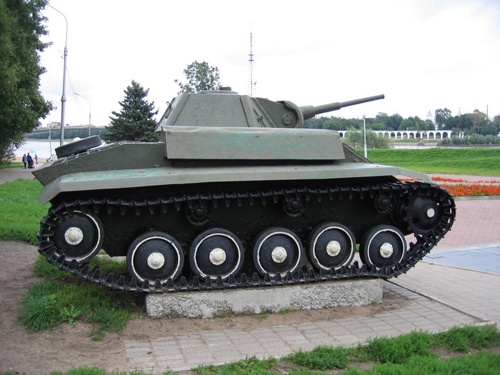 Soviet light tank monument on a pedestal