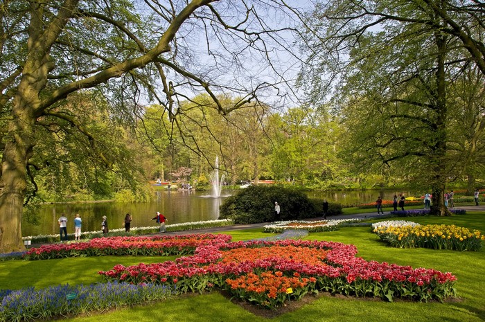 Keukenhof Gardens in Lisse, Netherlands with tulips and a pond