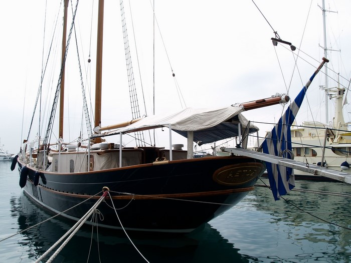 Aetos sailing ship in a harbor