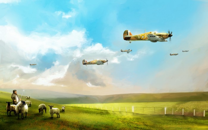 WWII airplanes flying over a pastoral landscape with sheep