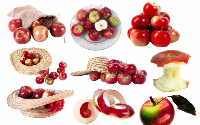 Apples in a sack, on a plate, in a hat, and eaten