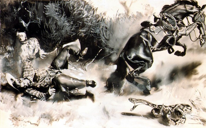 Cowboy attacked by a leopard and a snake