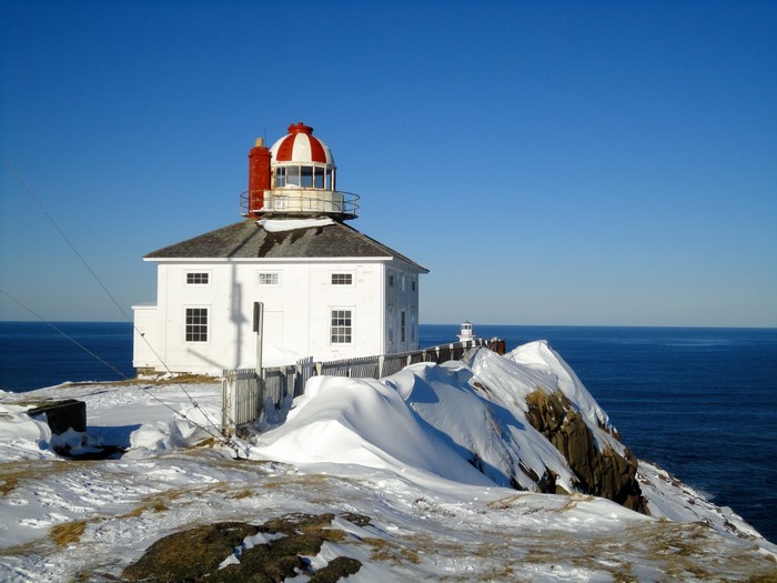 Lighthouse on a snowy coast in the North Atlantic, Canada