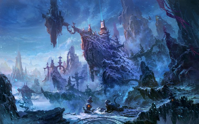 Fantasy world with floating islands and ancient structures