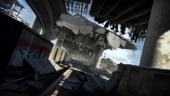 MotorStorm post-apocalyptic destroyed highway and train tracks