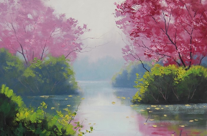Painting of a river with pink trees and green bushes