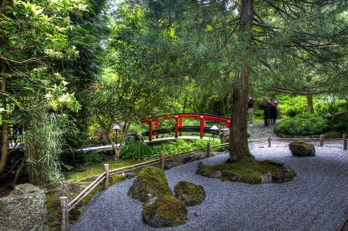 Japanese Garden with Red Bridge and Raked Gravel