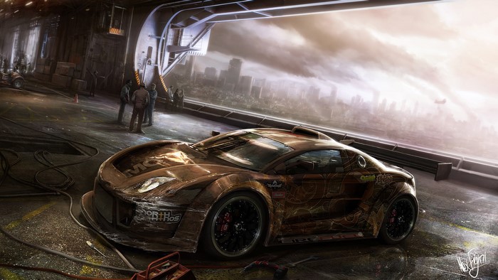 MotorStorm racing car in a futuristic garage