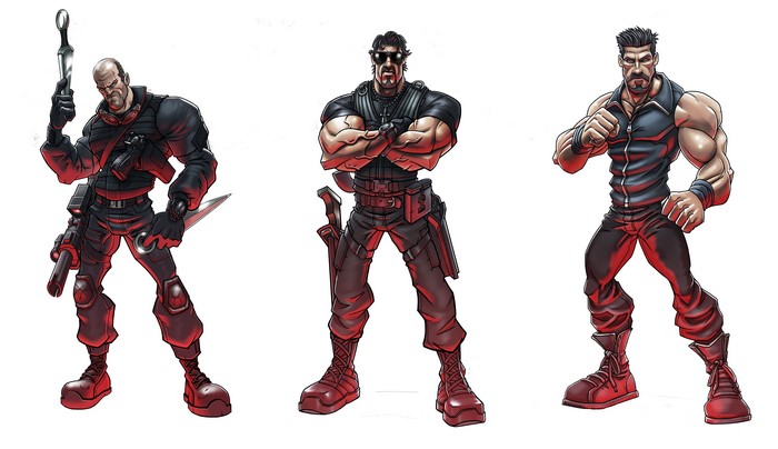 Three Expendables characters with weapons