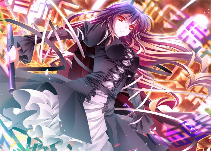 Anime girl with purple hair and red eyes