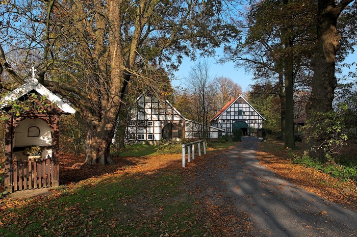 Half-timbered houses and a wayside shrine in Germany