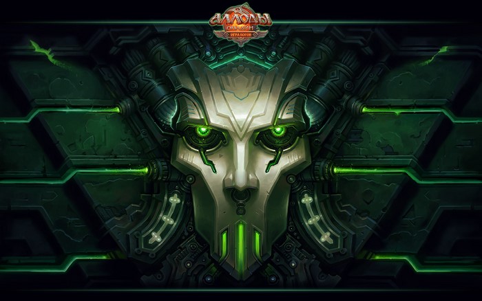 Allods Online mechanical face with green glowing eyes