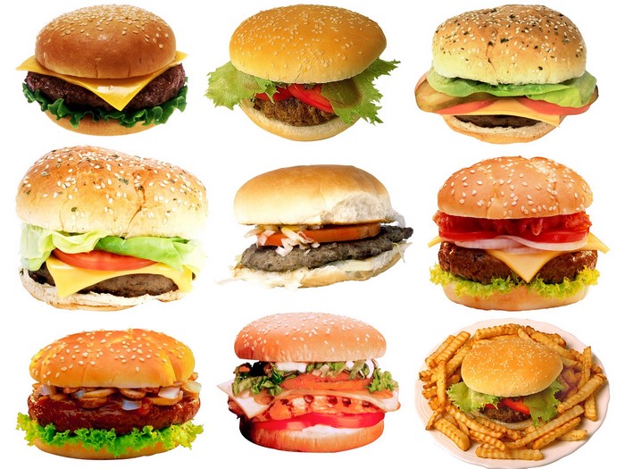 Nine different hamburgers and french fries