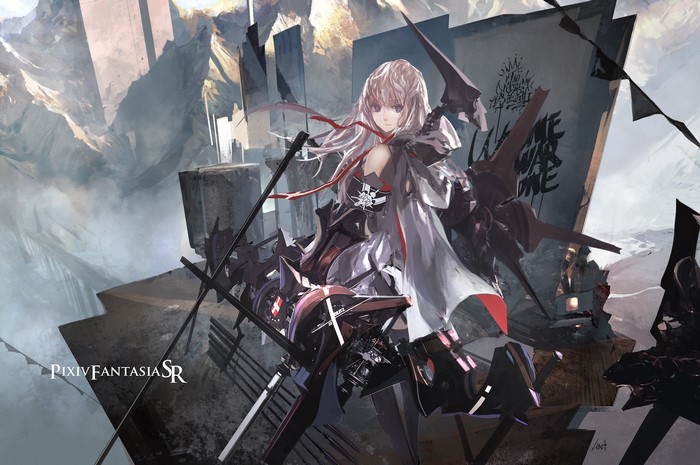 Girl with scythe in a ruined city