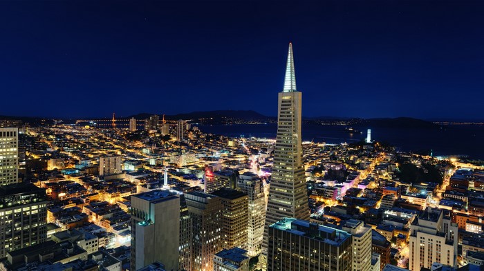 San Francisco skyline at night with Transamerica Pyramid