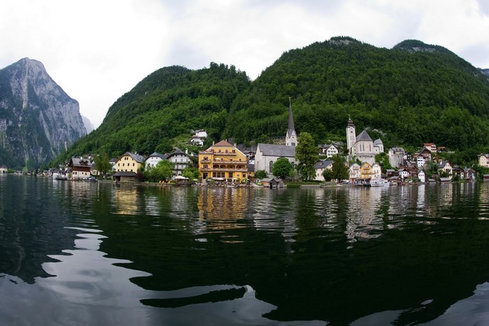Hallstatt, Austria village on a lake with mountains