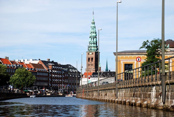 Canal in Copenhagen with Church Tower