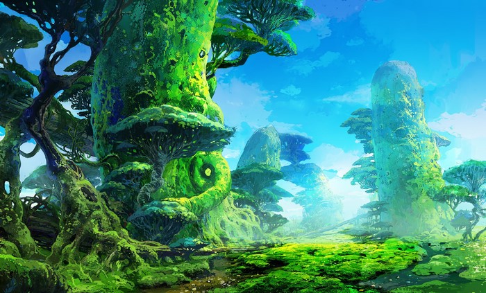Fantasy forest with giant trees and blue sky