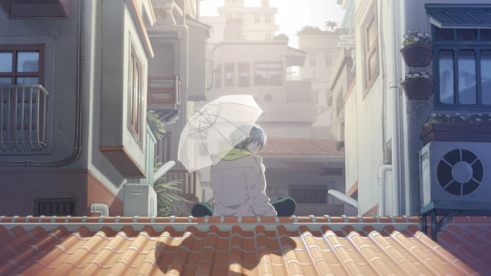 Anime boy with umbrella sitting on rooftop