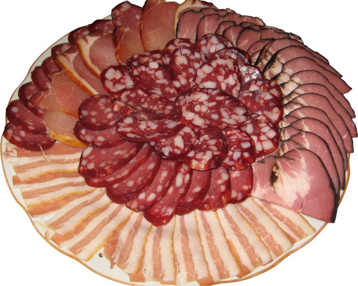 Assortment of sliced cured meats and sausages on a platter
