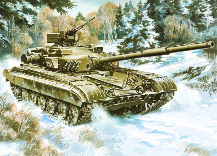 Painting of a tank in a snowy forest