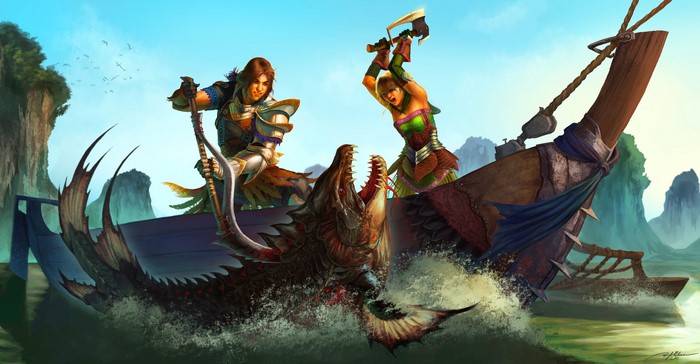 Two warriors battling a sea monster from a boat