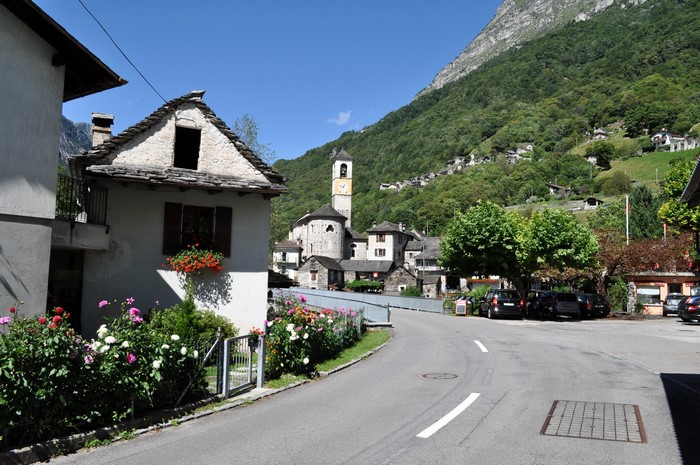 Lavertezzo, Ticino, Switzerland village with church and mountain