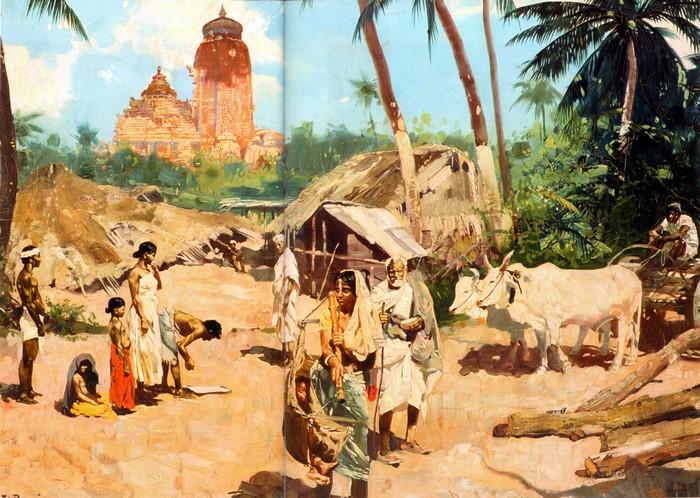 Indian village scene with temple and people