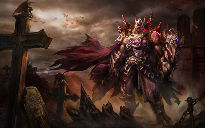 Demonic warrior in armor in a graveyard