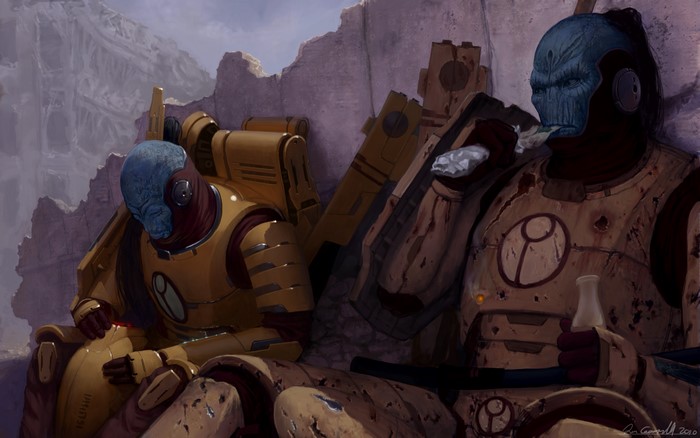 Two Tau warriors resting in ruins