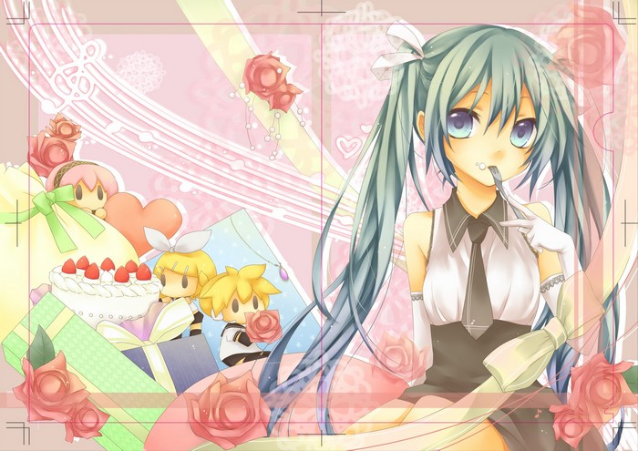 Hatsune Miku and friends with gifts and cake