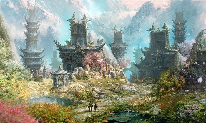 Blade & Soul landscape with pagodas and cherry blossoms
