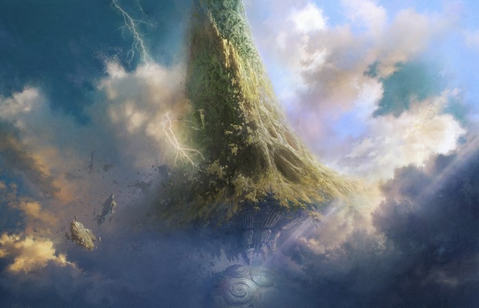 Giant tree in the sky with lightning and clouds