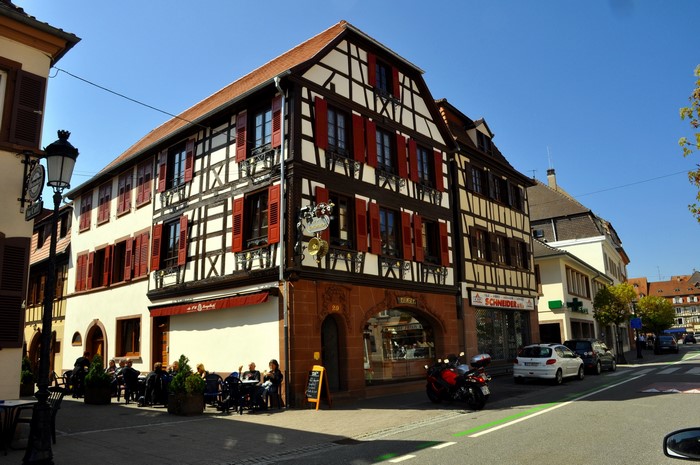 Half-timbered buildings on a street in France