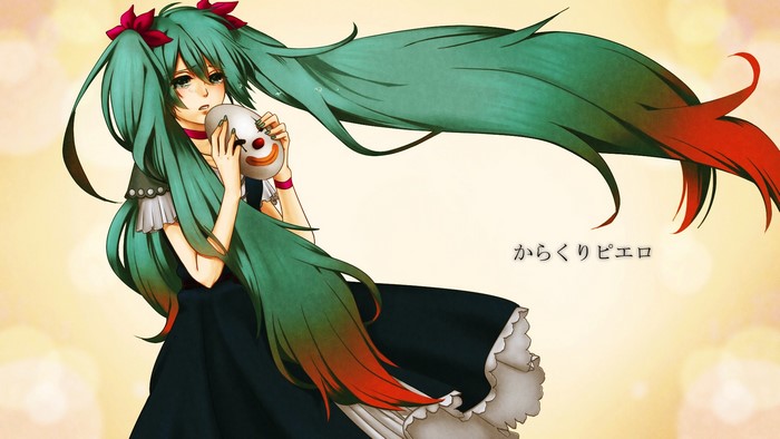 Hatsune Miku from Vocaloid holding a clown mask