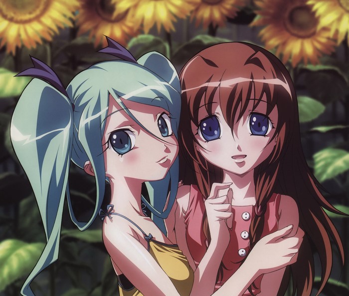 Two anime girls in a sunflower field