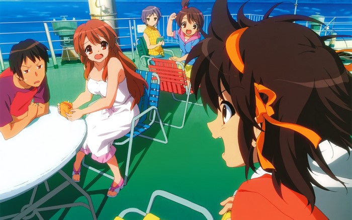 The Melancholy of Haruhi Suzumiya characters on a boat deck