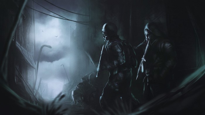 Two soldiers in a dark, post-apocalyptic city