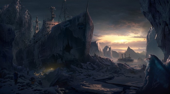 Frozen shipwreck in an icy landscape at sunset