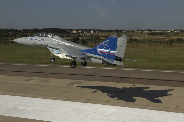 Mikoyan MiG-35 fighter jet taking off