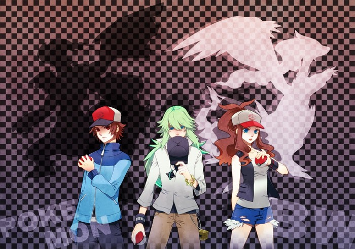 Pokemon characters N, Hilda, and Hilbert with legendary Pokemon shadows