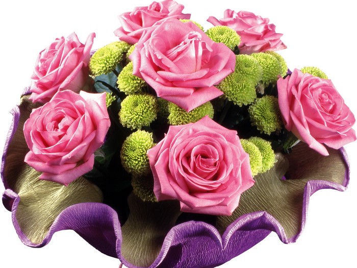 Pink Roses and Green Chrysanthemums in a Decorative Vase